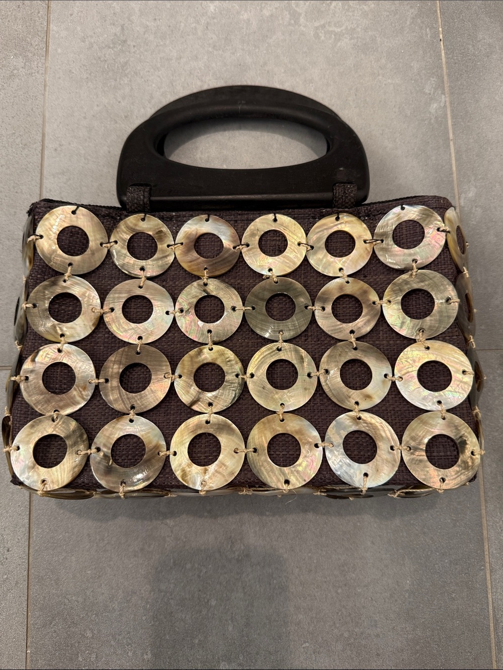 Dark Brown Clutch with Iridescent Gold Disc Accents